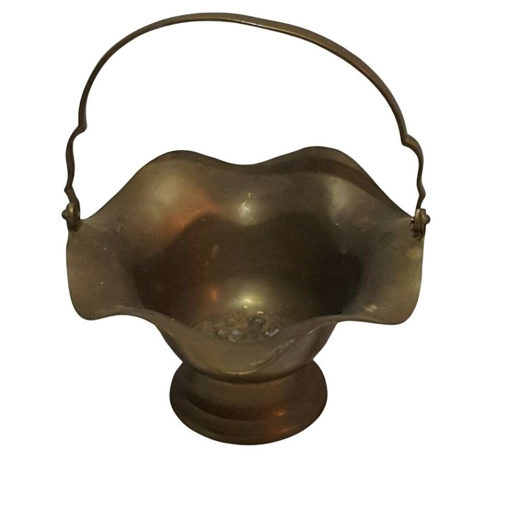 Vintage Solid‎ Brass Basket With Handle Ruffled Edge 8" x 9" Made in India